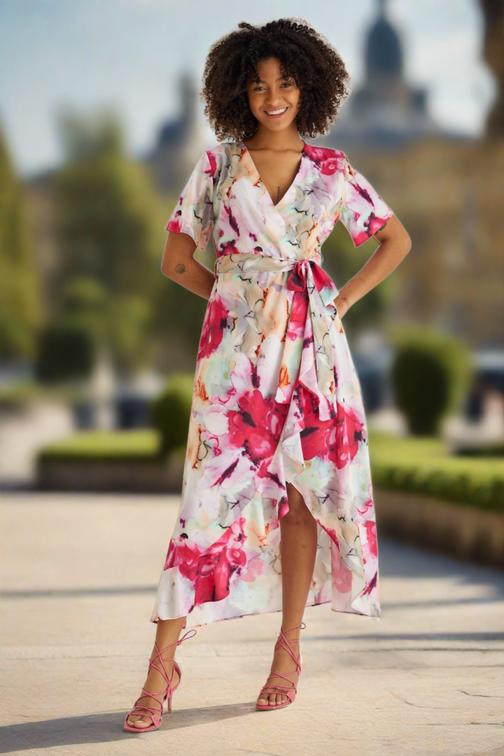 Ruffle hem Wrap Midi Dress in Pink Floral print - jqwholesale.com