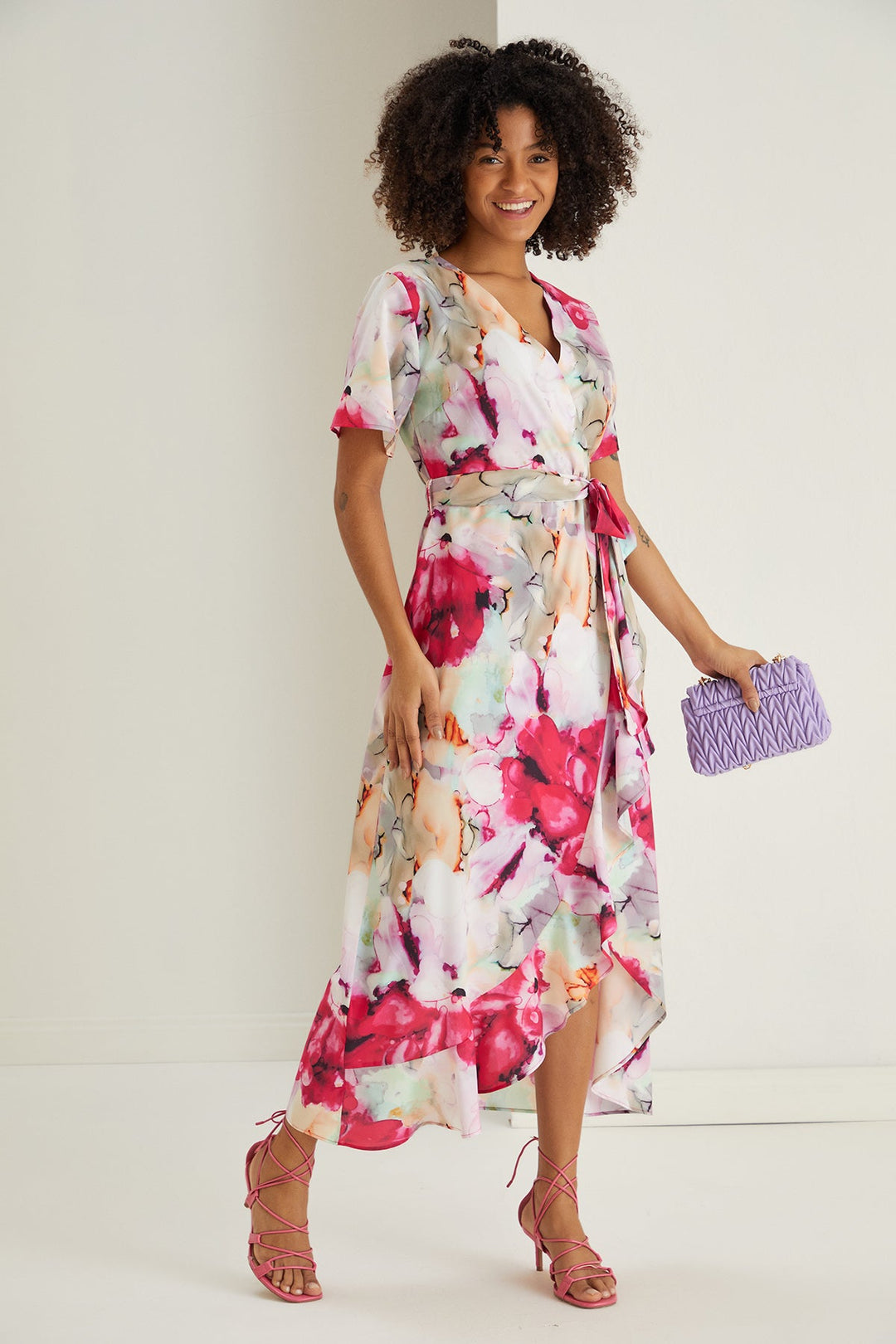 Ruffle hem Wrap Midi Dress in Pink Floral print - jqwholesale.com