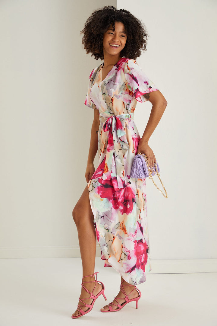 Ruffle hem Wrap Midi Dress in Pink Floral print - jqwholesale.com