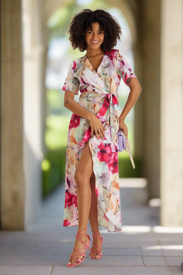 Ruffle hem Wrap Midi Dress in Pink Floral print - jqwholesale.com