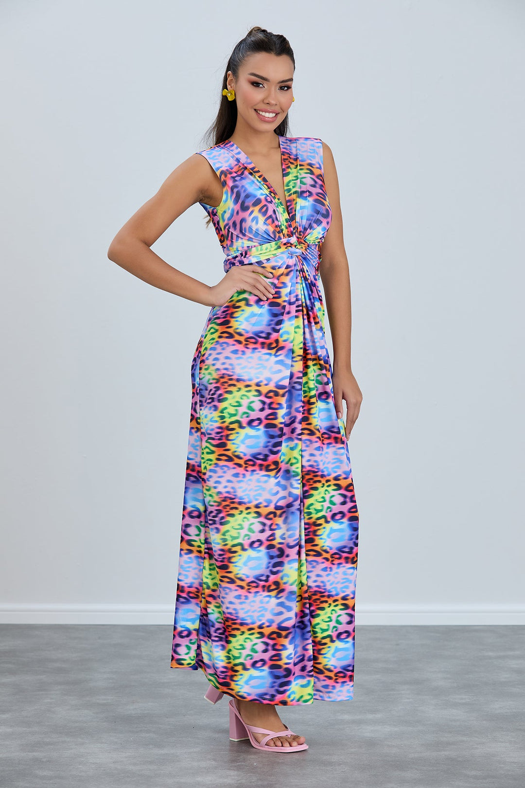 Sleeveless Twist Wrap Maxi Dress in Multicolour Leopard print - jqwholesale.com