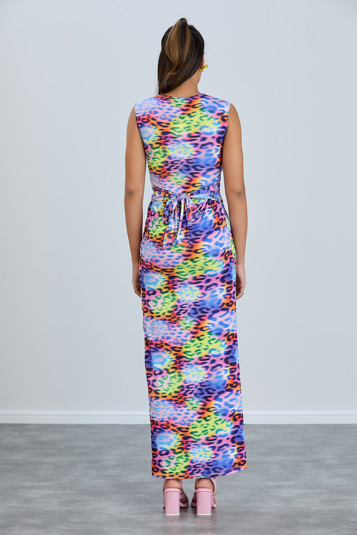 Sleeveless Twist Wrap Maxi Dress in Multicolour Leopard print - jqwholesale.com