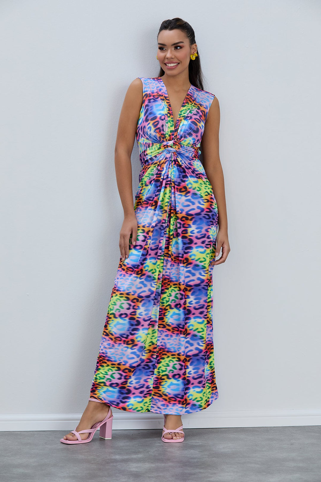 Sleeveless Twist Wrap Maxi Dress in Multicolour Leopard print - jqwholesale.com