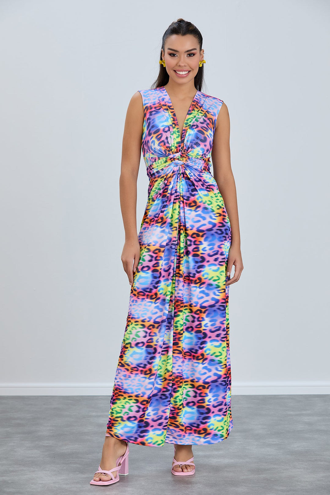 Sleeveless Twist Wrap Maxi Dress in Multicolour Leopard print - jqwholesale.com