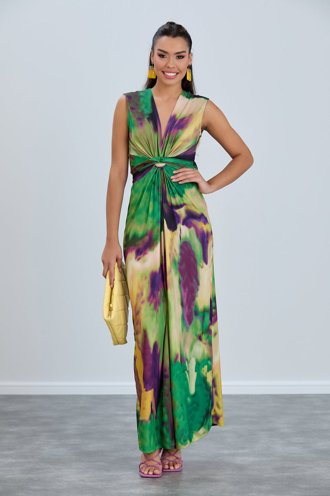 Sleeveless Twist Wrap Maxi Dress in Green tie dye print - jqwholesale.com