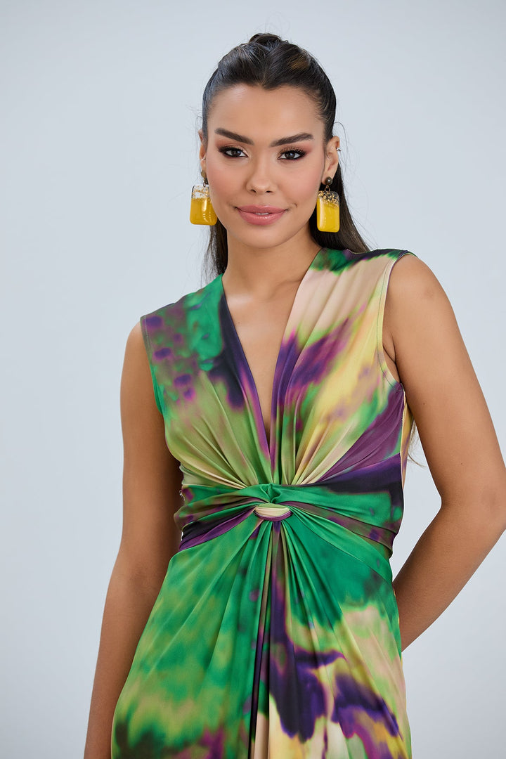 Sleeveless Twist Wrap Maxi Dress in Green tie dye print - jqwholesale.com