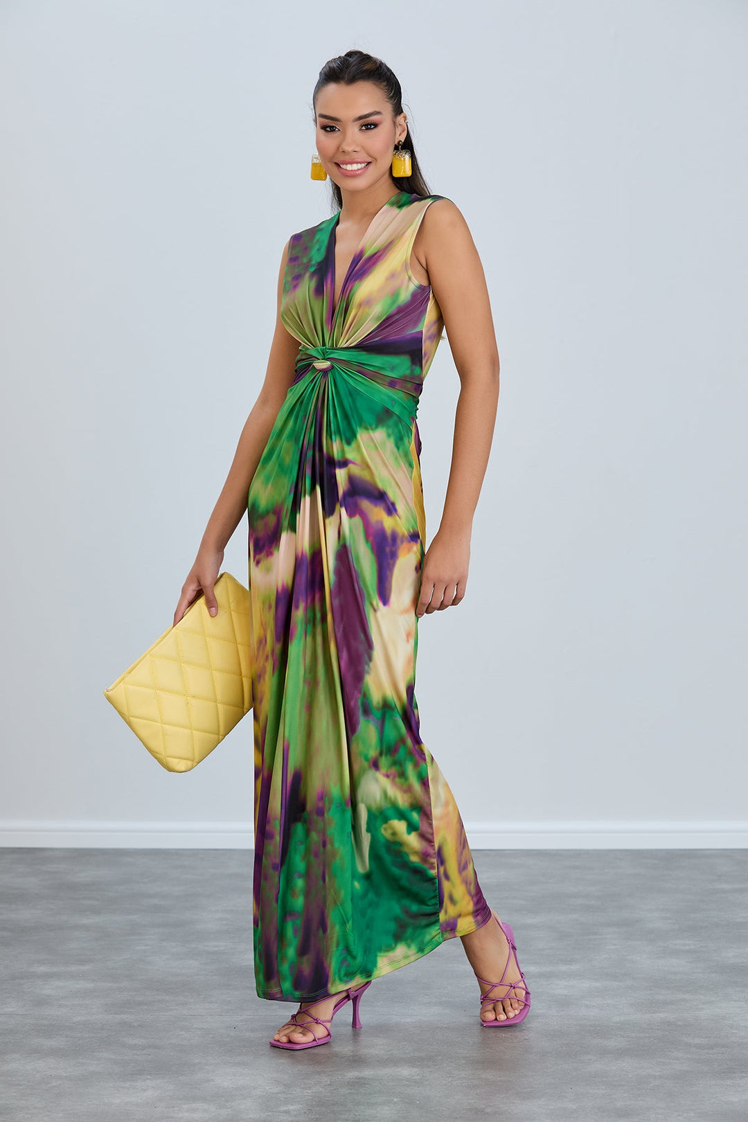 Sleeveless Twist Wrap Maxi Dress in Green tie dye print - jqwholesale.com