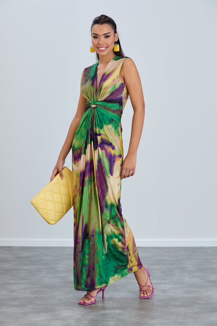 Sleeveless Twist Wrap Maxi Dress in Green tie dye print - jqwholesale.com