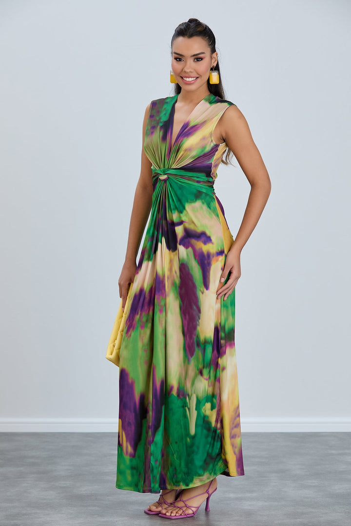 Sleeveless Twist Wrap Maxi Dress in Green tie dye print - jqwholesale.com