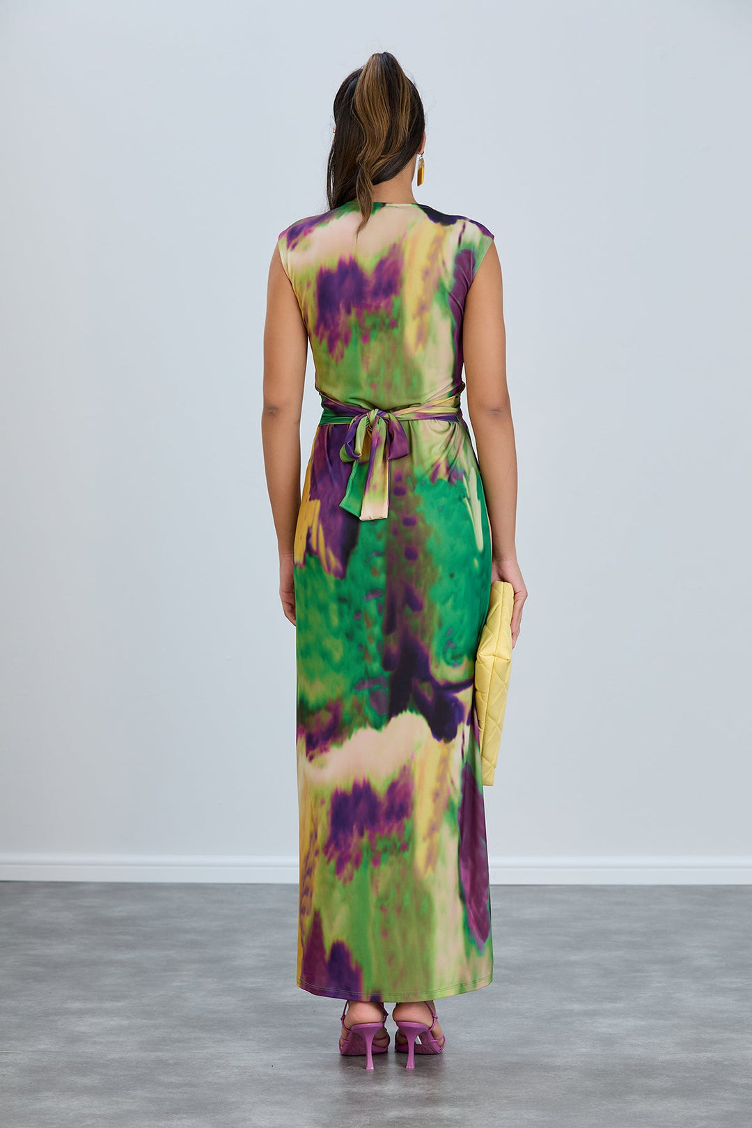 Sleeveless Twist Wrap Maxi Dress in Green tie dye print - jqwholesale.com