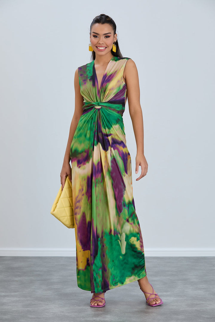 Sleeveless Twist Wrap Maxi Dress in Green tie dye print - jqwholesale.com