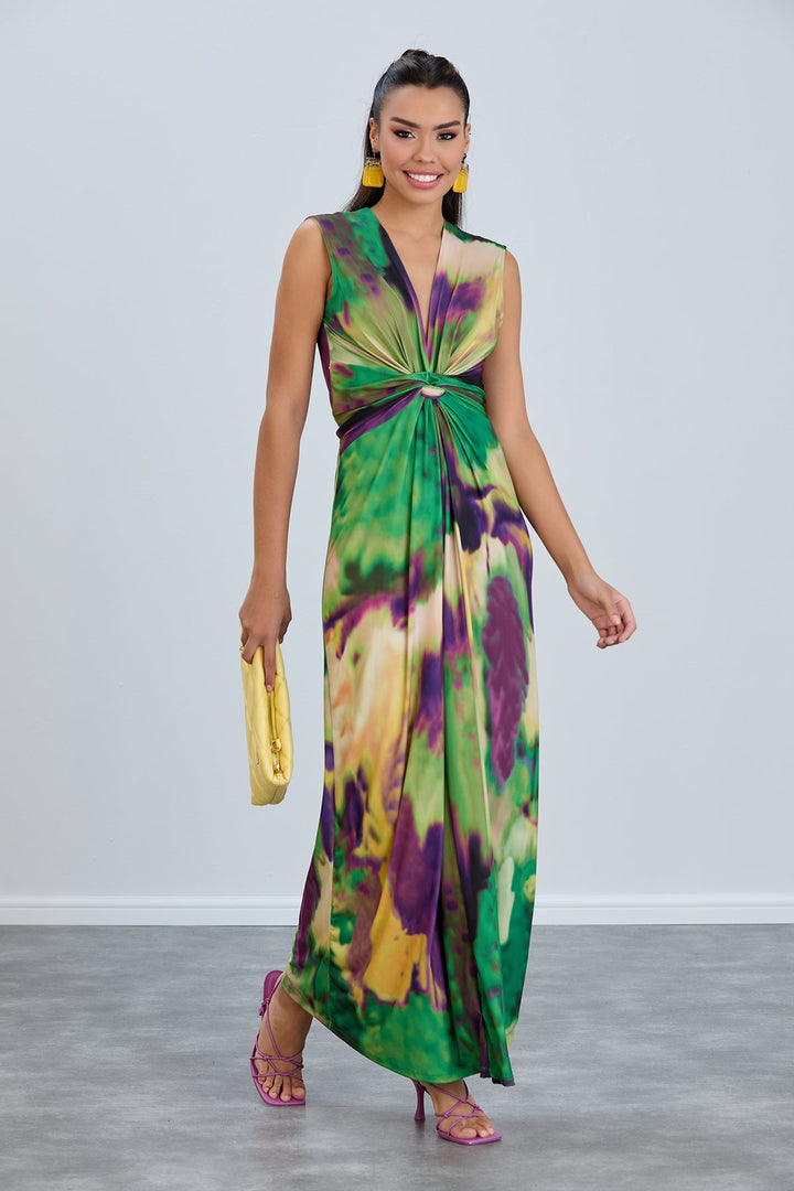 Sleeveless Twist Wrap Maxi Dress in Green tie dye print - jqwholesale.com