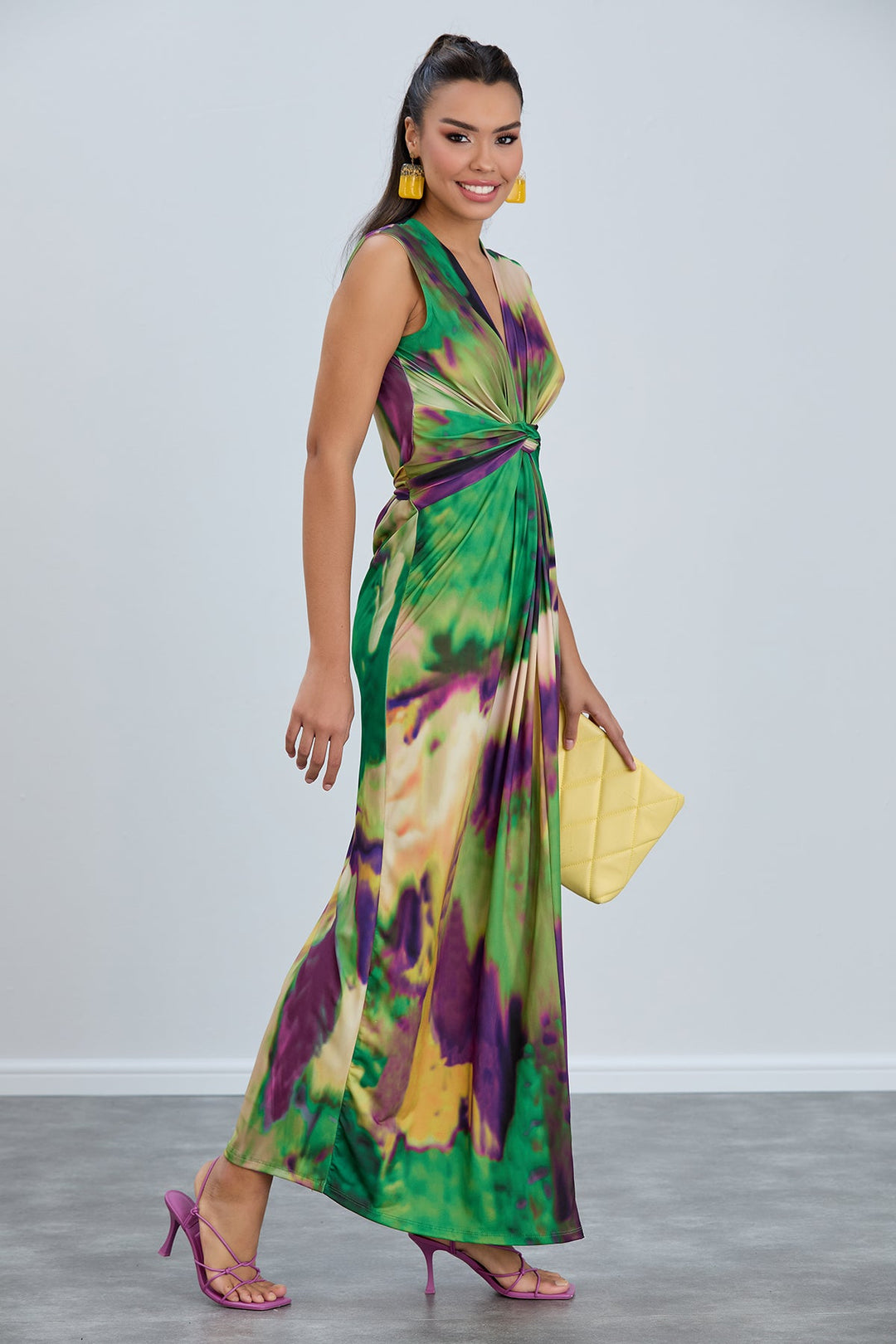 Sleeveless Twist Wrap Maxi Dress in Green tie dye print - jqwholesale.com