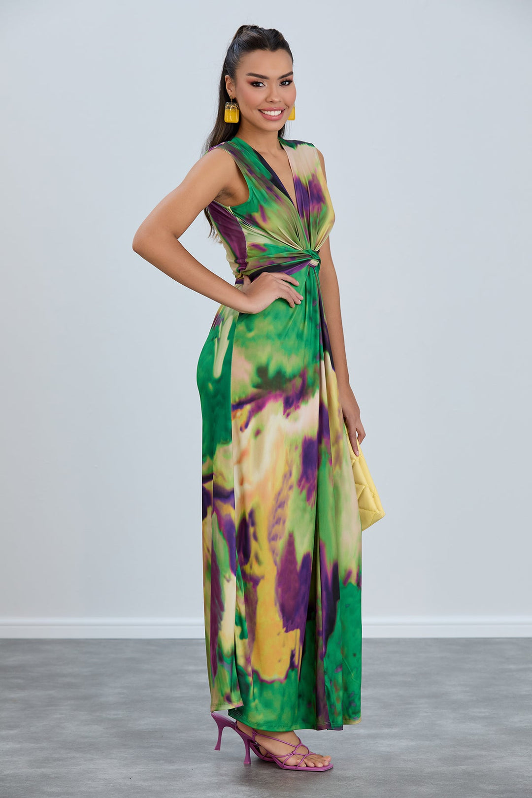 Sleeveless Twist Wrap Maxi Dress in Green tie dye print - jqwholesale.com