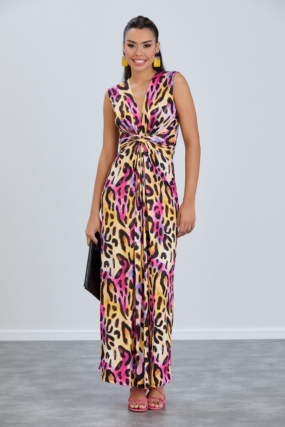 Sleeveless Twist Wrap Maxi Dress in Pink Leopard print - jqwholesale.com