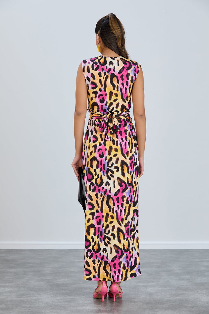 Sleeveless Twist Wrap Maxi Dress in Pink Leopard print - jqwholesale.com