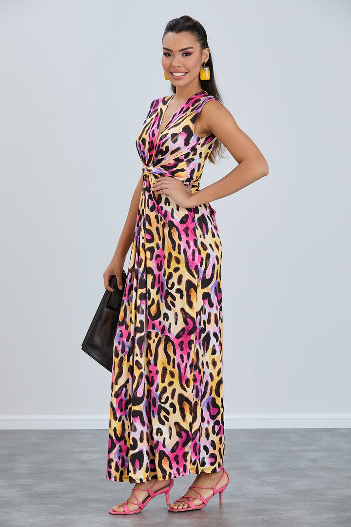 Sleeveless Twist Wrap Maxi Dress in Pink Leopard print - jqwholesale.com