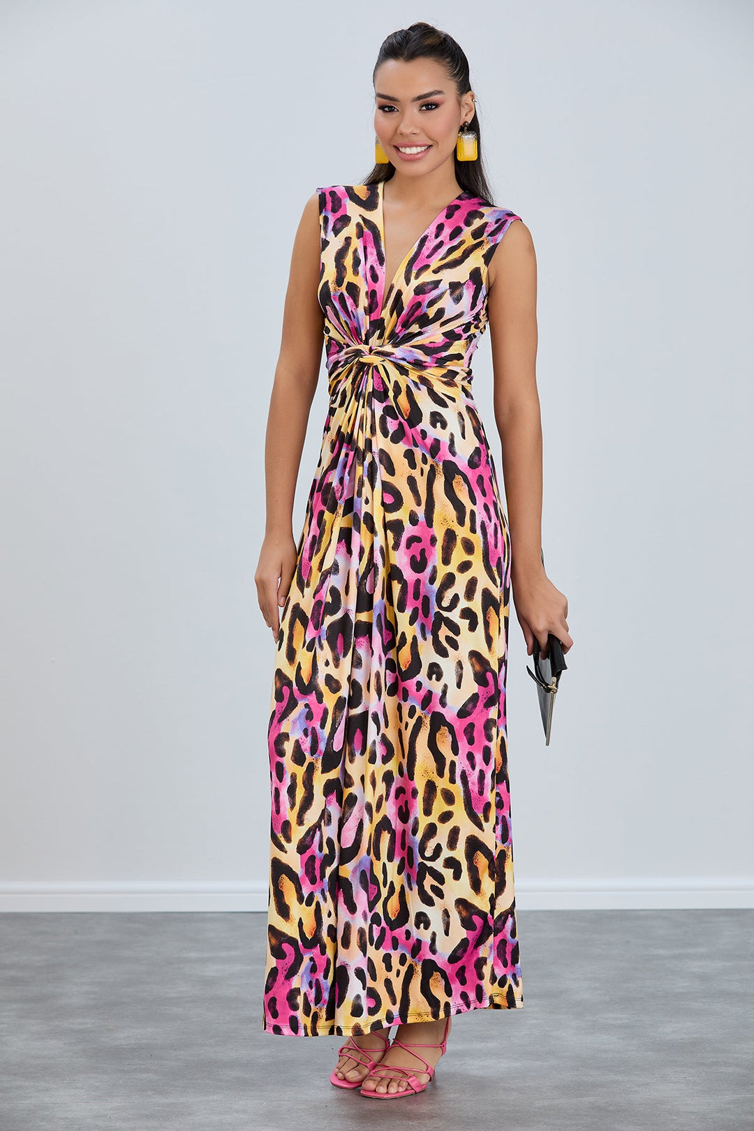 Sleeveless Twist Wrap Maxi Dress in Pink Leopard print - jqwholesale.com