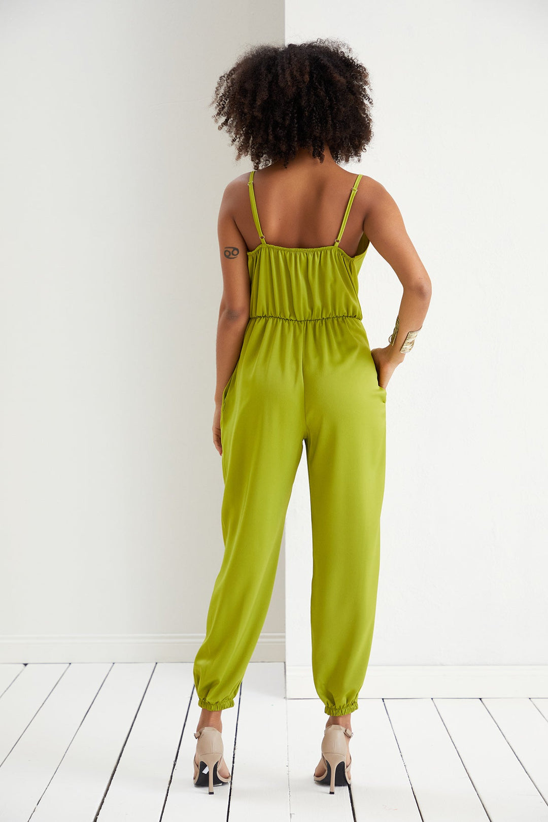 Satin Cami Slip Jumpsuit in Lime Green - jqwholesale.com