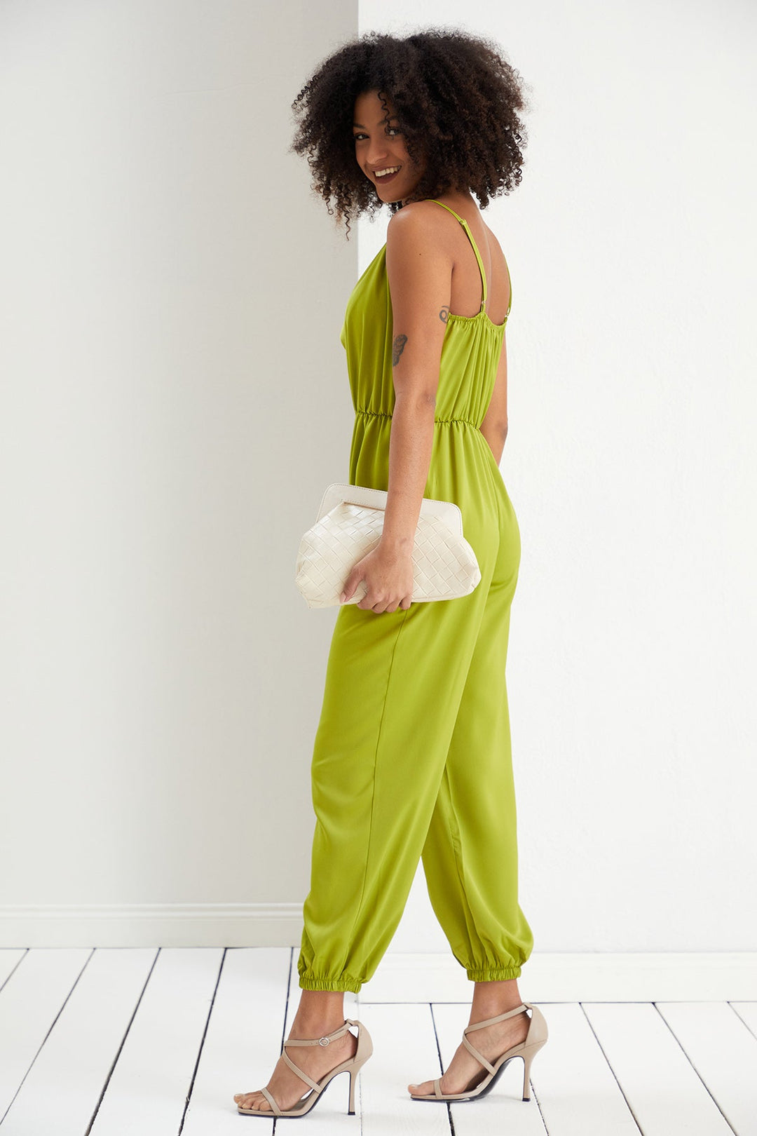 Satin Cami Slip Jumpsuit in Lime Green - jqwholesale.com