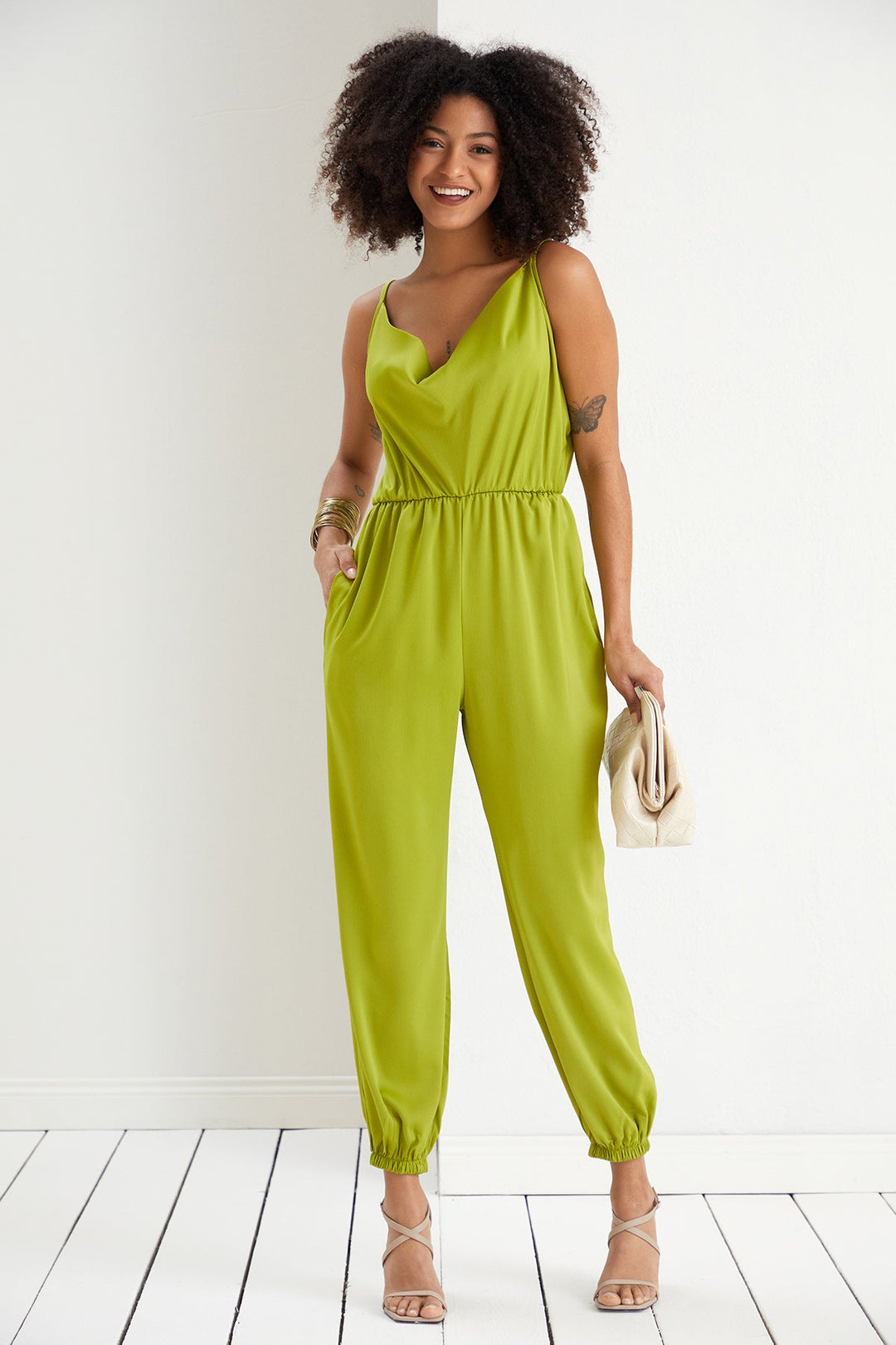 Satin Cami Slip Jumpsuit in Lime Green - jqwholesale.com