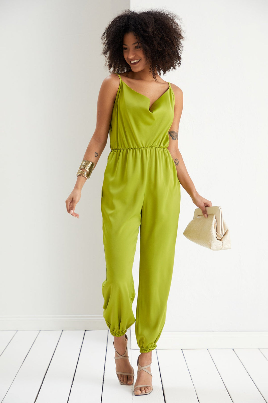 Satin Cami Slip Jumpsuit in Lime Green - jqwholesale.com