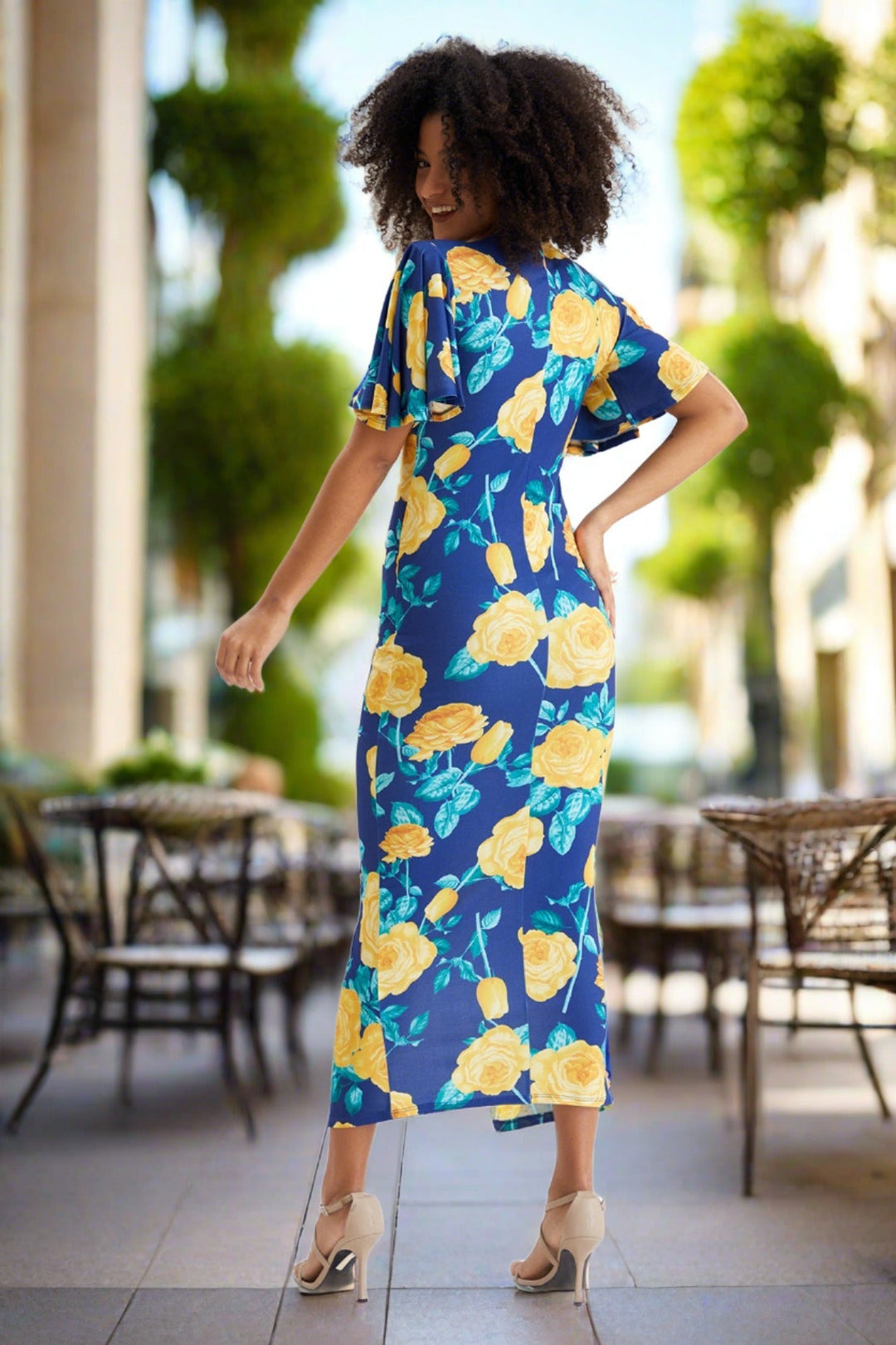 Sandra Angel Sleeve Rouge Midi Dress in Navy Yellow Floral print - jqwholesale.com