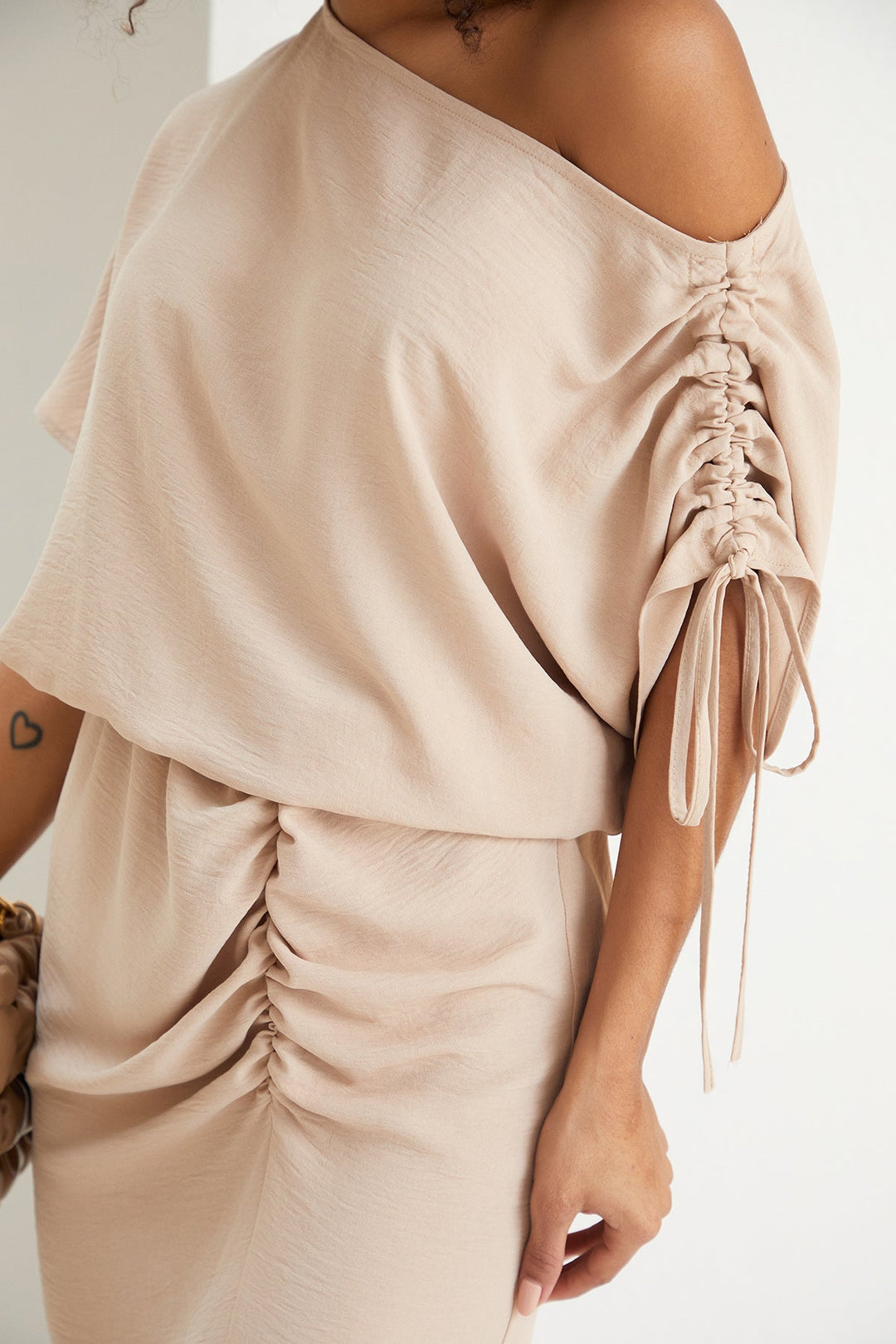 Off Shoulder Drape Midi Dress in Beige - jqwholesale.com