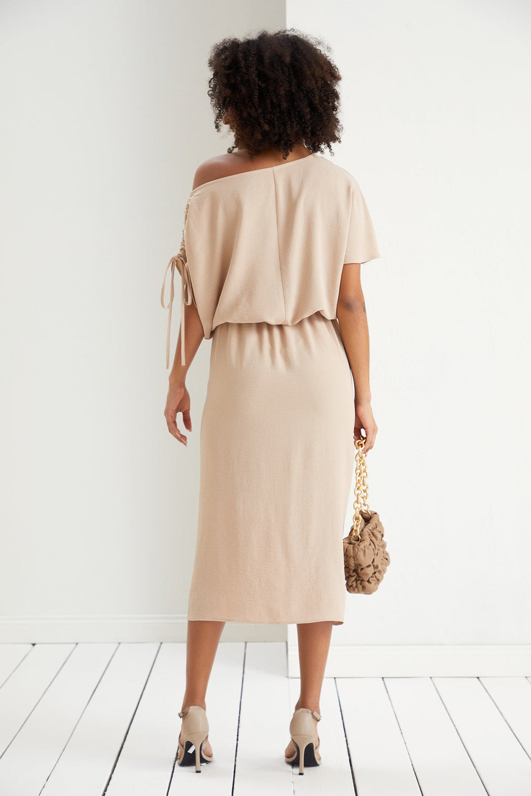 Off Shoulder Drape Midi Dress in Beige - jqwholesale.com