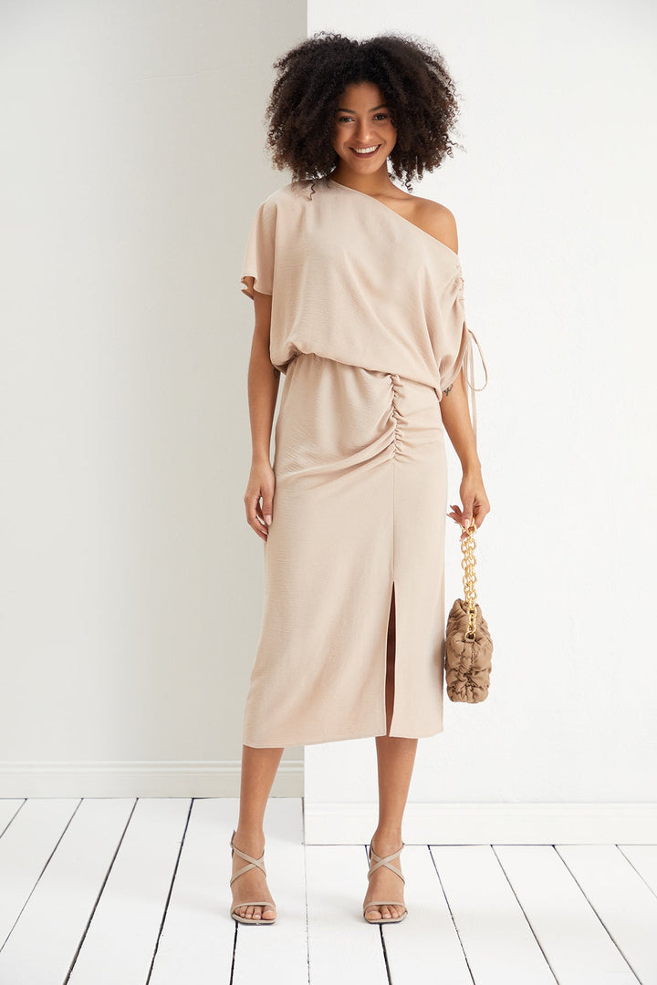 Off Shoulder Drape Midi Dress in Beige - jqwholesale.com