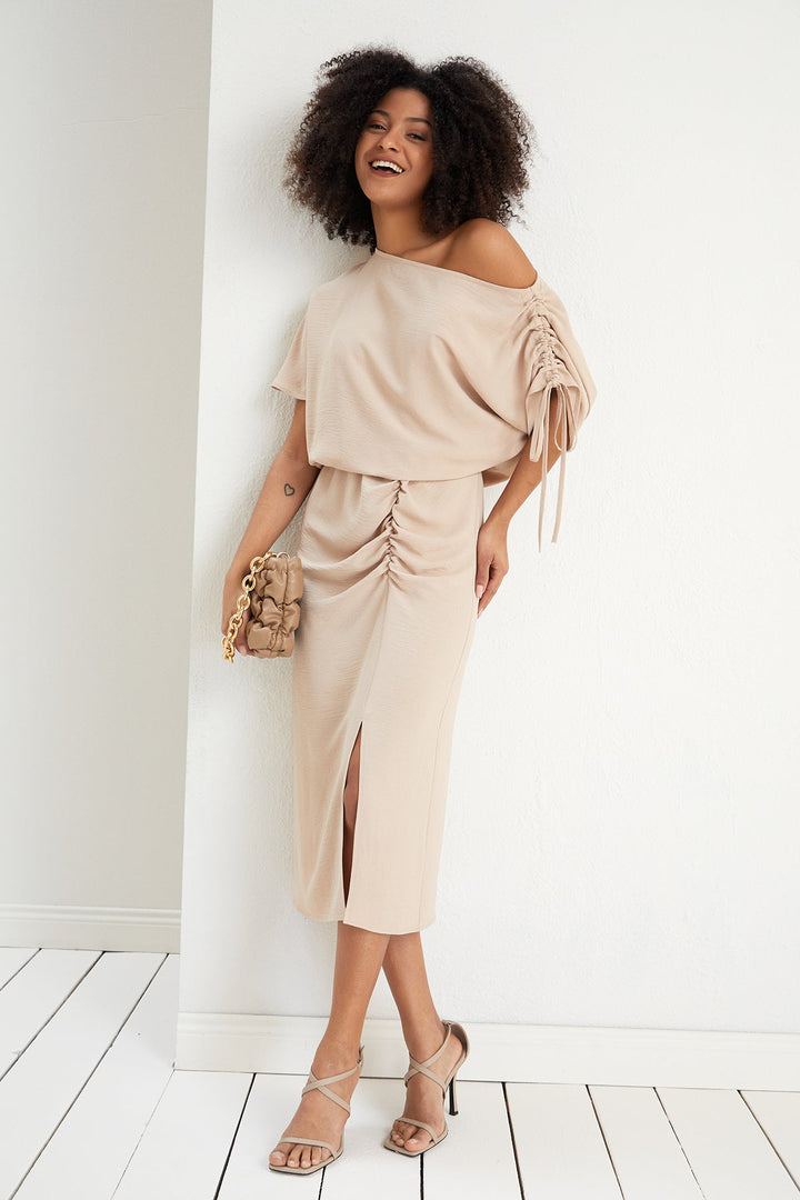 Off Shoulder Drape Midi Dress in Beige