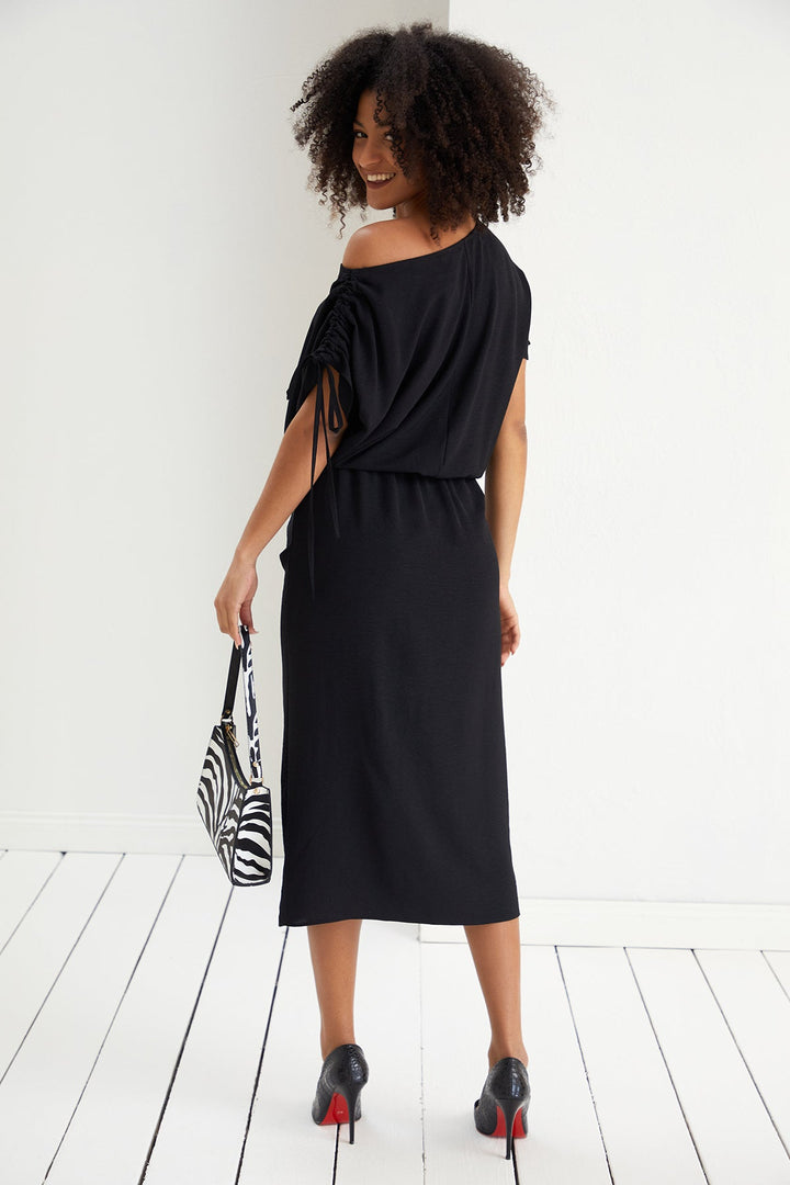 Off Shoulder Drape Midi Dress in Black - jqwholesale.com