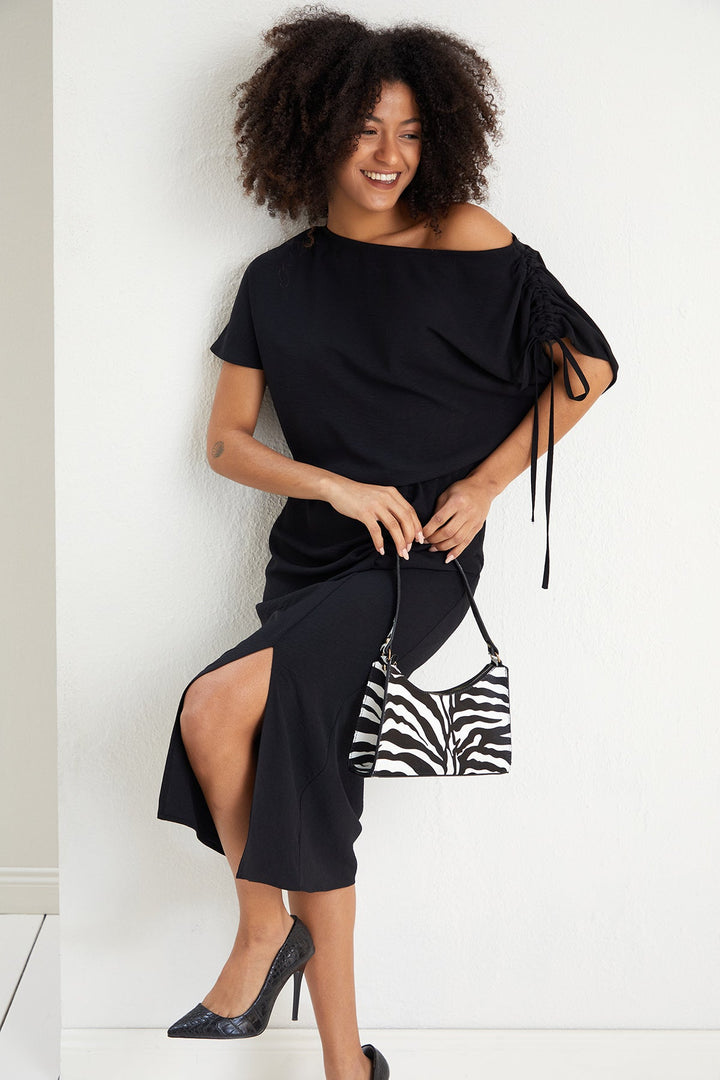 Off Shoulder Drape Midi Dress in Black - jqwholesale.com