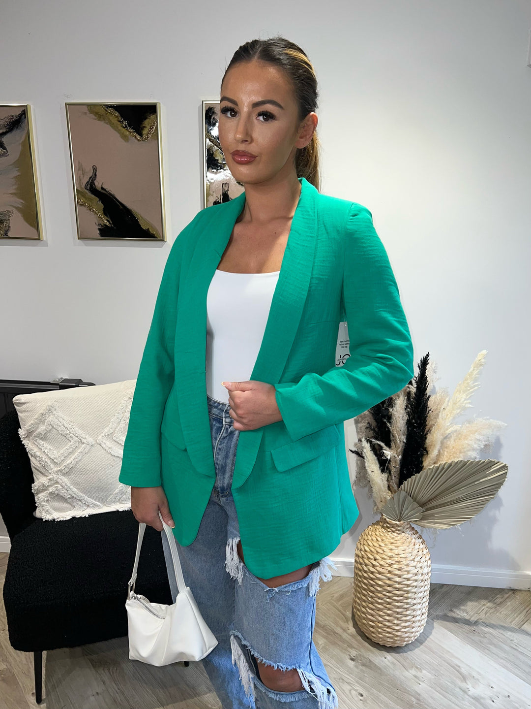 Linen Look Oversized Blazer in Green - jqwholesale.com