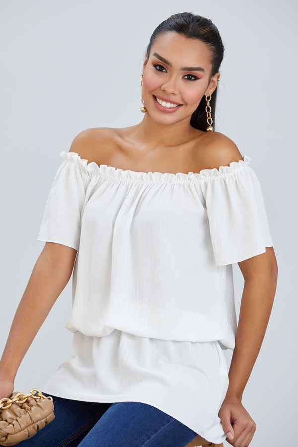 Off Shoulder Bardot Summer Top in Ecru - jqwholesale.com