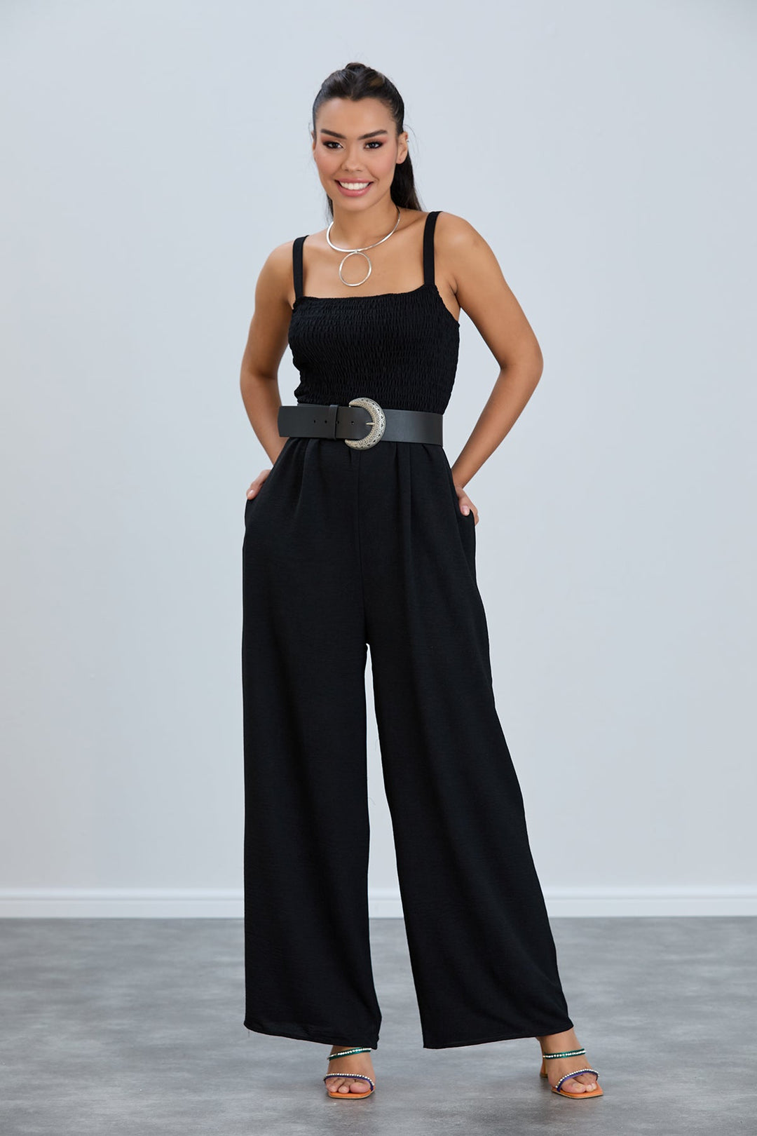 Elasticated Wide Leg Cami Jumpsuit in Black - jqwholesale.com