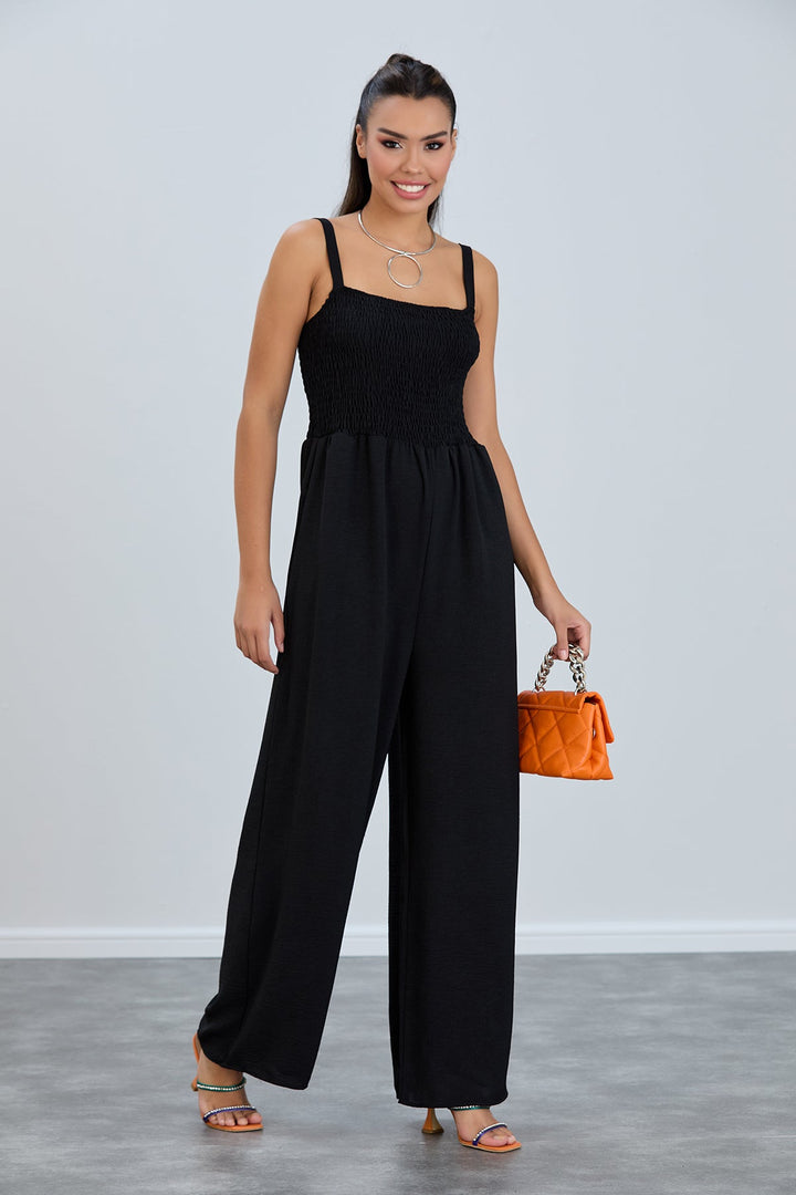 Elasticated Wide Leg Cami Jumpsuit in Black - jqwholesale.com