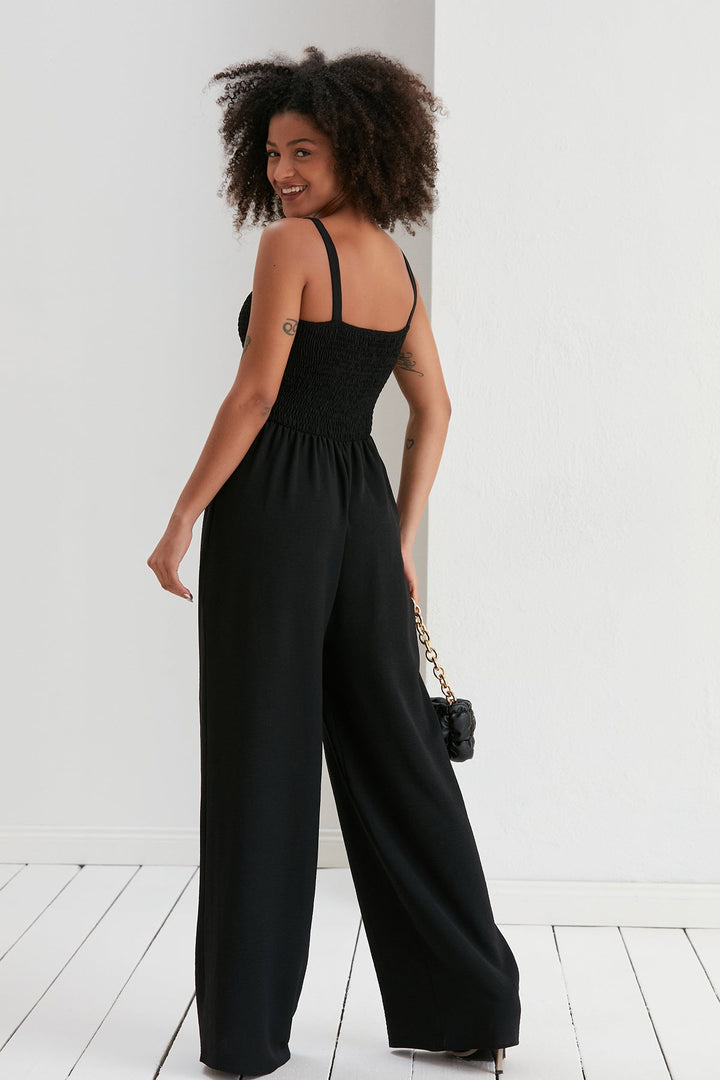 Elasticated Wide Leg Cami Jumpsuit in Black - jqwholesale.com