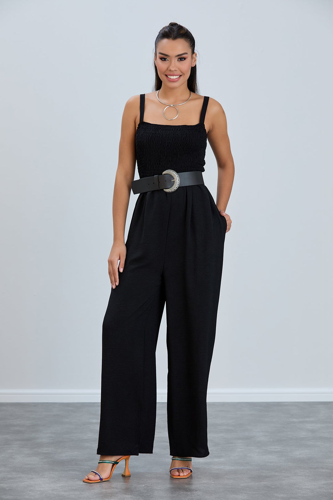 Elasticated Wide Leg Cami Jumpsuit in Black - jqwholesale.com