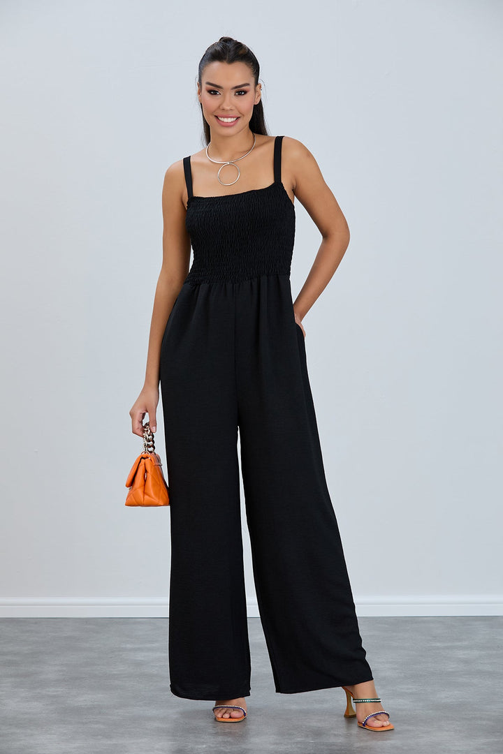 Elasticated Wide Leg Cami Jumpsuit in Black - jqwholesale.com