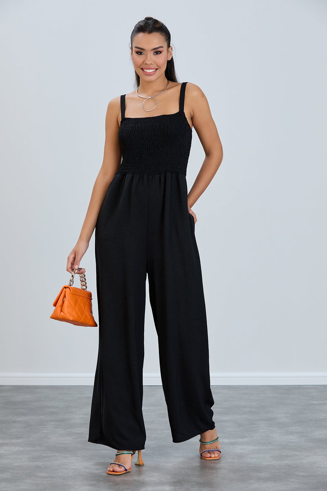 Elasticated Wide Leg Cami Jumpsuit in Black - jqwholesale.com