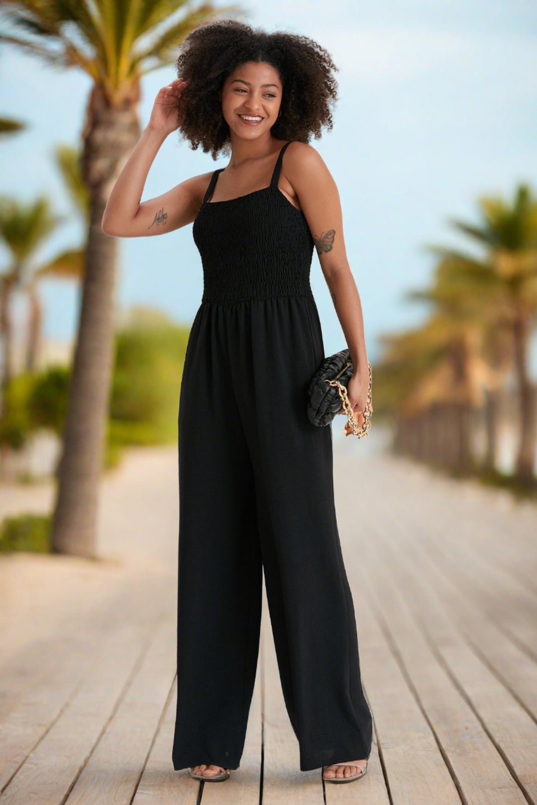 Elasticated Wide Leg Cami Jumpsuit in Black - jqwholesale.com