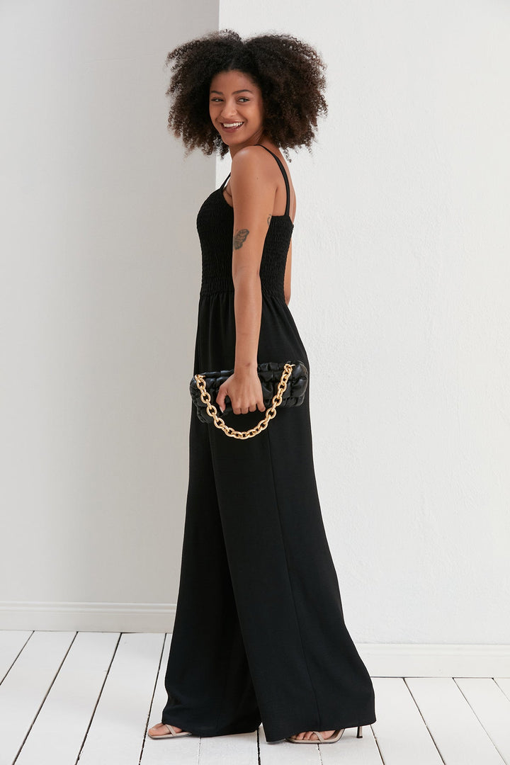 Elasticated Wide Leg Cami Jumpsuit in Black - jqwholesale.com