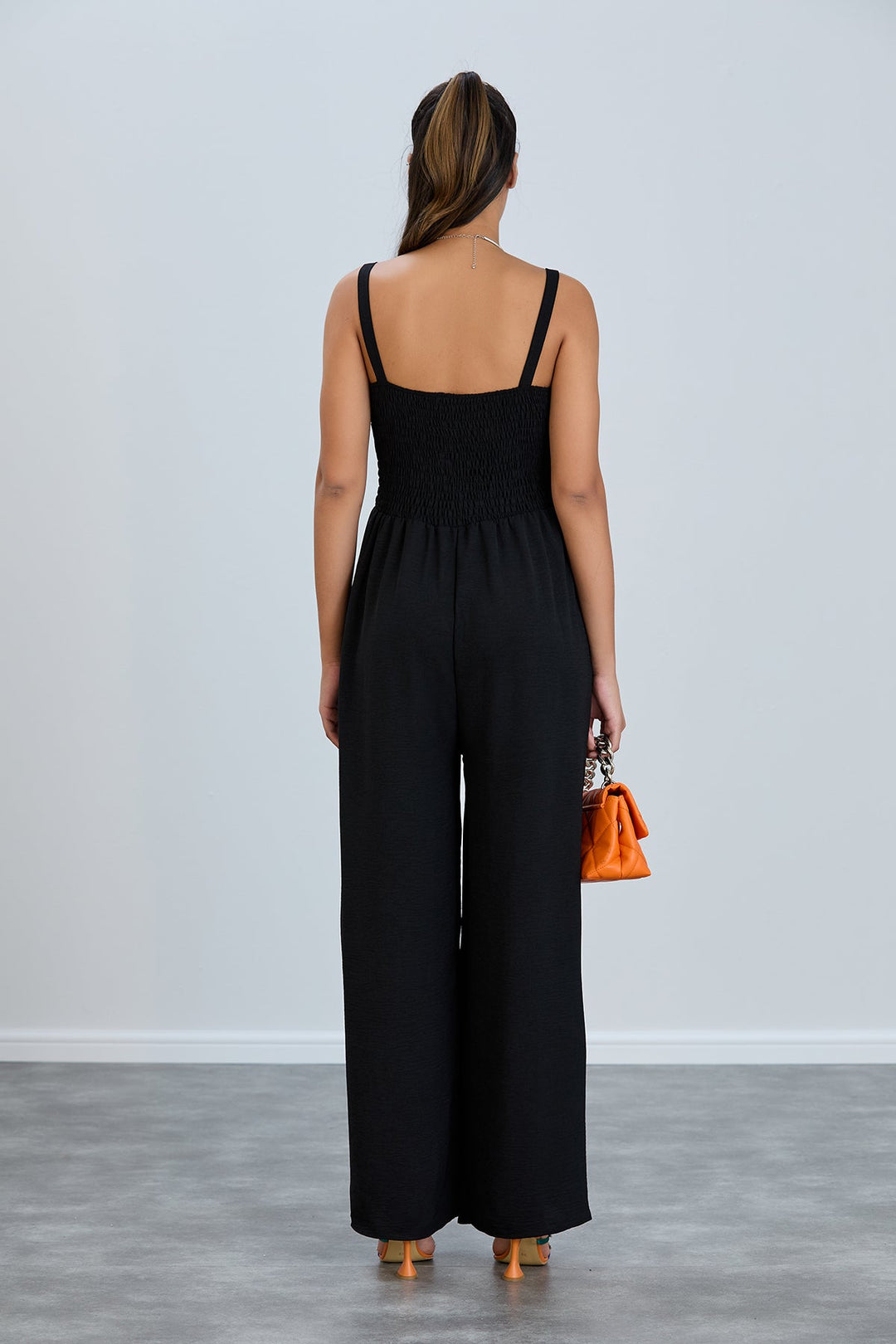 Elasticated Wide Leg Cami Jumpsuit in Black - jqwholesale.com