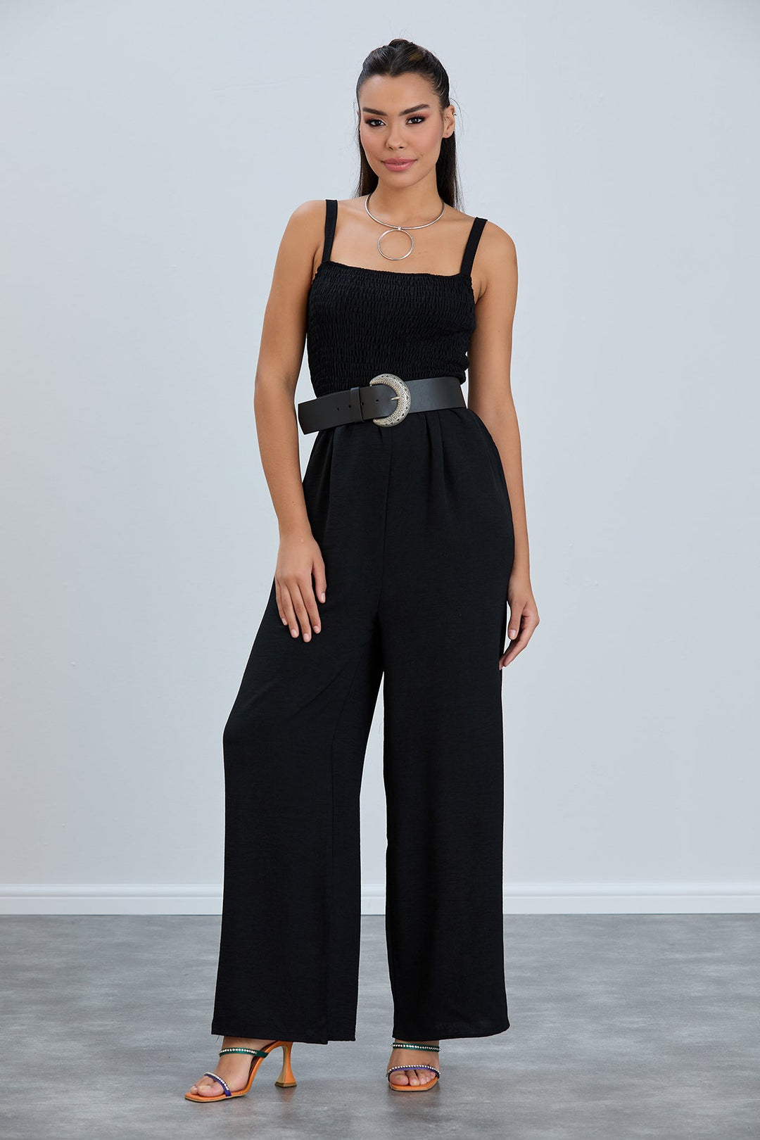 Elasticated Wide Leg Cami Jumpsuit in Black - jqwholesale.com