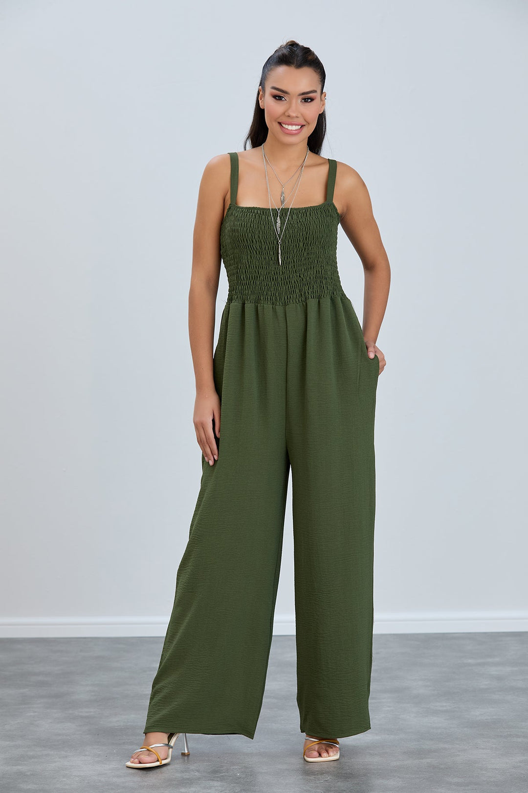 Elasticated Wide Leg Cami Jumpsuit in Khaki - jqwholesale.com