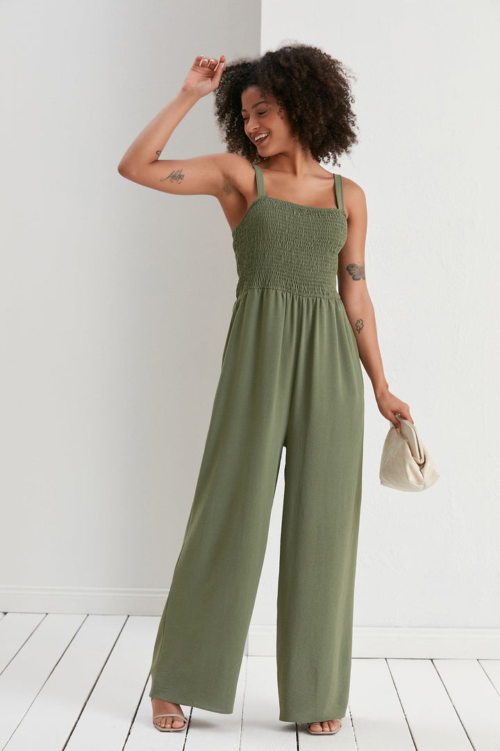 Elasticated Wide Leg Cami Jumpsuit in Khaki - jqwholesale.com