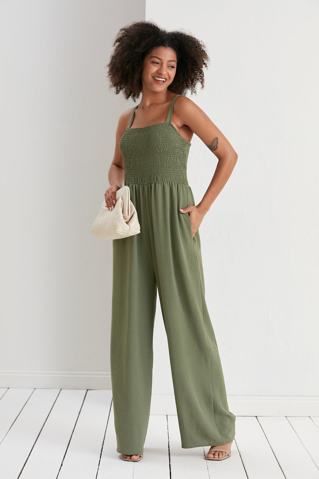 Elasticated Wide Leg Cami Jumpsuit in Khaki - jqwholesale.com