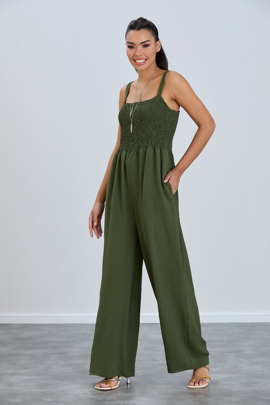 Elasticated Wide Leg Cami Jumpsuit in Khaki - jqwholesale.com