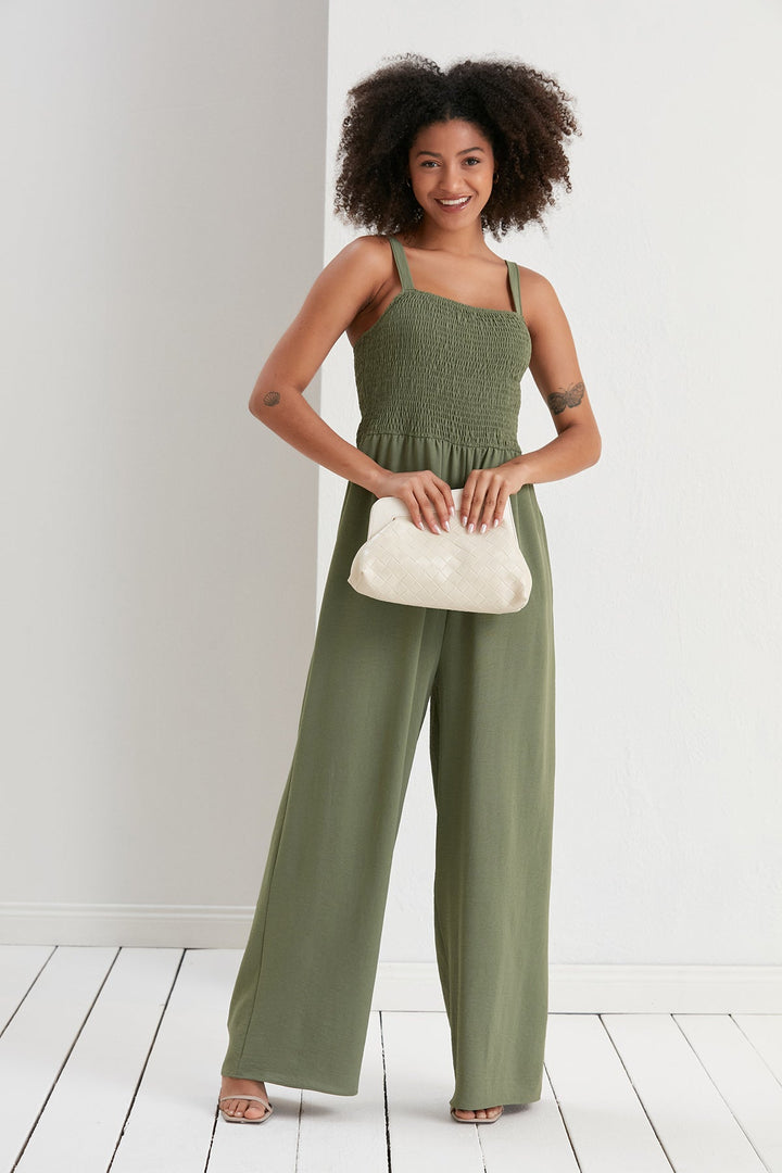 Elasticated Wide Leg Cami Jumpsuit in Khaki - jqwholesale.com